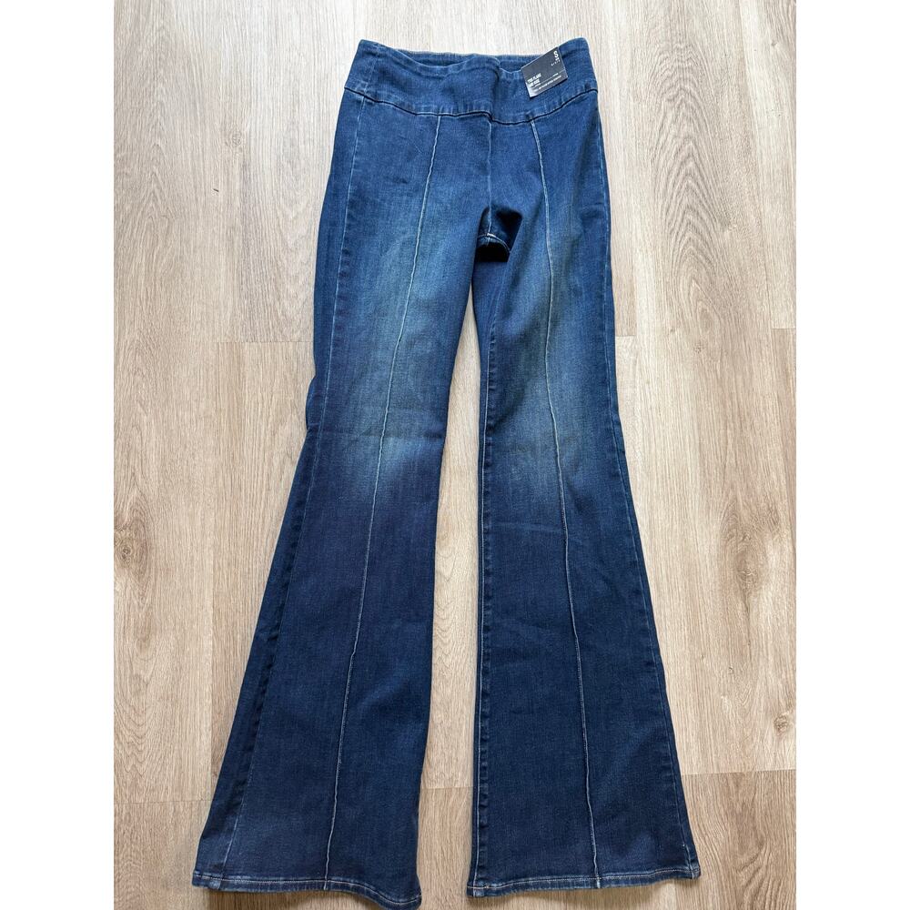 Express 70's Mid Rise Flare Pull on Stretch Hyper Flexx, Size Small, blue NWT